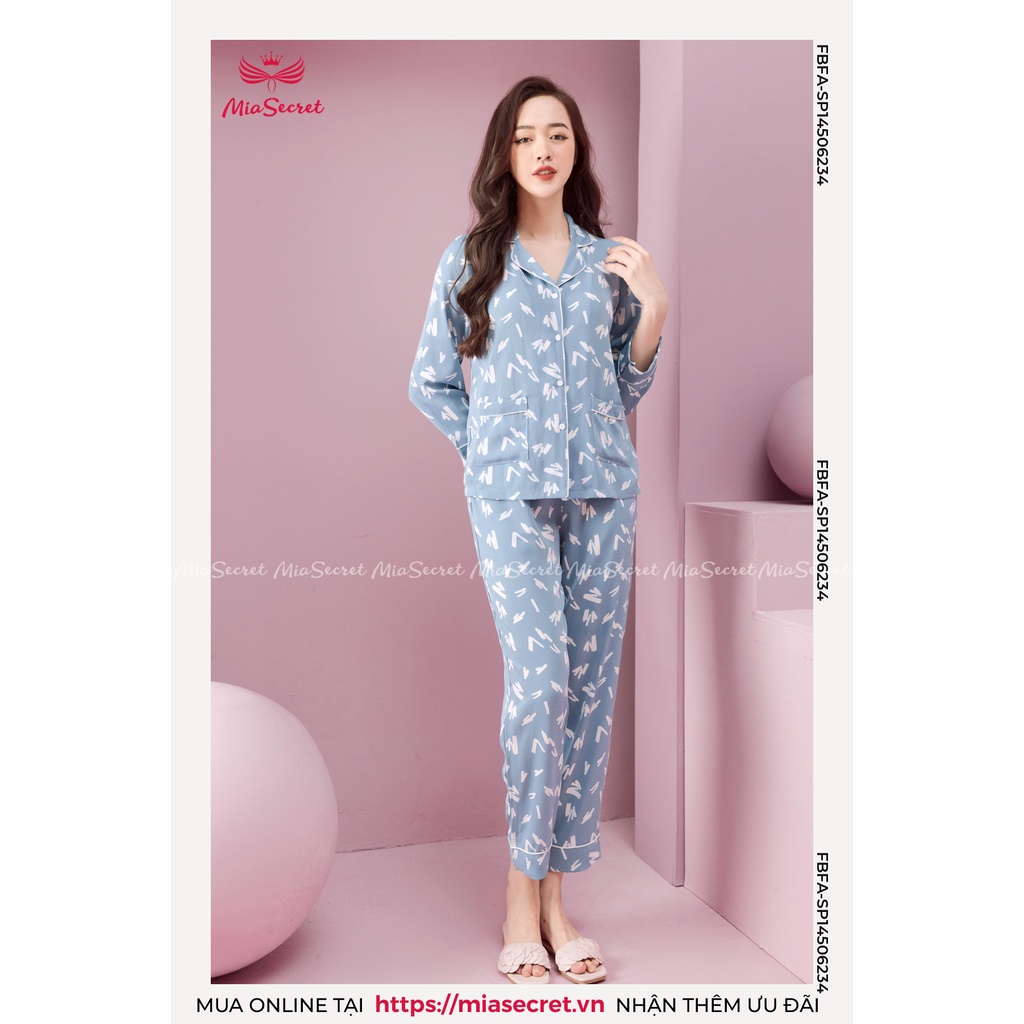 Bộ Đồ Ngủ Pijama Mia Secret Lụa Tuyết Cao Cấp - Họa Tiết Vệt Trắng Nền Xanh Dài Tay - SP14506234