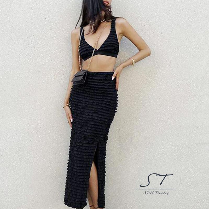 Bộ Áo Cổ Chữ V Không Tay + Chân Váy Dài Xẻ Tà CY03