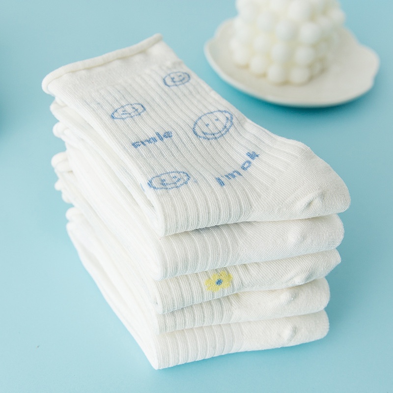 Vớ tất trắng cổ cao xoăn lai họa tiết Heho smile xanh pastel Ullzang