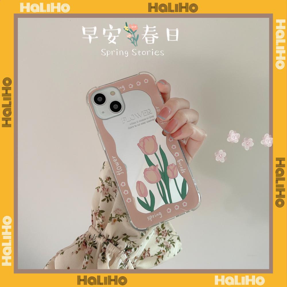 iPhone Case Acrylic HD Makeup Mirror Airbag Shockproof Protection Camera Green Pink Flowers Compatible For iPhone 11 iPhone 13 Pro Max iPhone 12 Pro Max iPhone 7 Plus iPhone xr