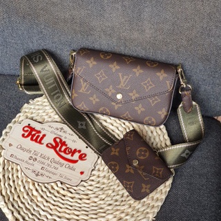 Túi đeo chéo nữ 💜[𝗙𝗨𝗟𝗟 𝗛𝗢̣̂𝗣]💜 Túi L.V Strap & Go set đôi dây xanh lót nỉ size 18cm (full logo kèm ví nhỏ mẫu mới nhất)