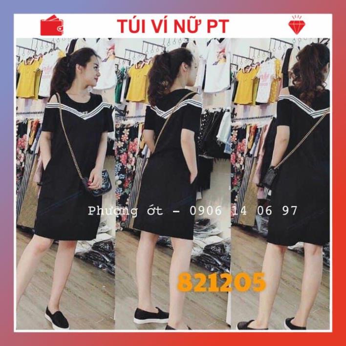 Đầm thun hở vai phối bo sọc dễ thương MP821(1MÀU)- kèm hình chụp thật sp