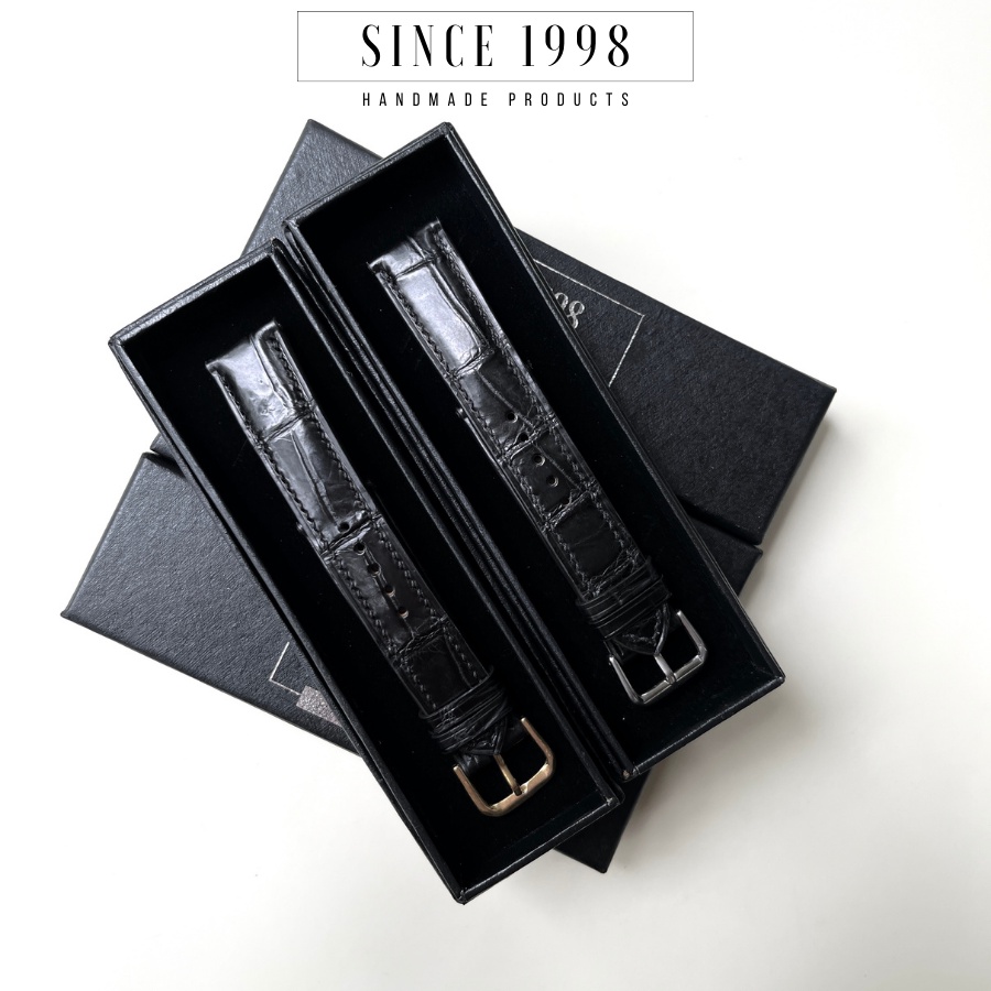Dây Đồng Hồ Da Cá Sấu Nam 20mm 22mm, Da Thật, Handmade, Chống Nước, Chính Hãng, Màu Đen, Bảo Hành 12 Tháng