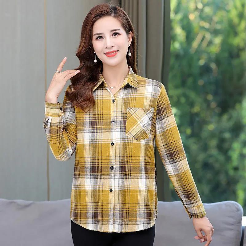 Áo Sơ Mi Cotton Tay Dài Kẻ Sọc Caro Thời Trang Cho Phụ Nữ Trung Niên