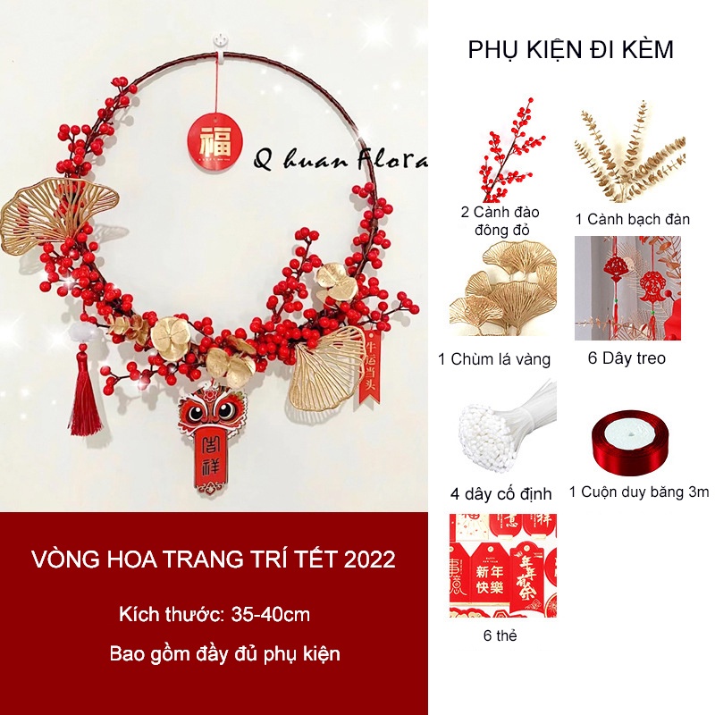 Vòng Hoa Trang Trí Tết - Vòng Treo Cửa Tết 2022 Đào Đông Đỏ Decor Nhà Cửa Rước May Mắn, Tài Lộc (Hàng Cao Cấp Loại 1)