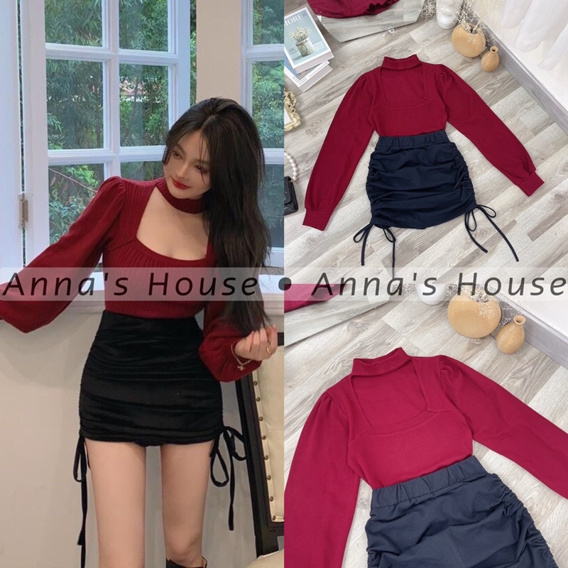 Set áo cổ chocker đỏ tay dài + chân váy đen rút dây