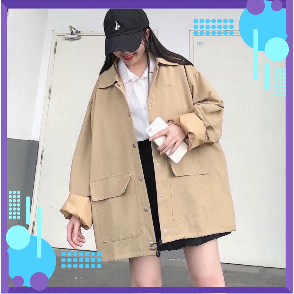 ÁO KHOÁC KAKI 2 TÚI VUÔNG BOX DÂY RÚT - ÁO SƠ MI KHOÁC CÚC BẤM MÀU BE ULZZANG [ cực hot ]
