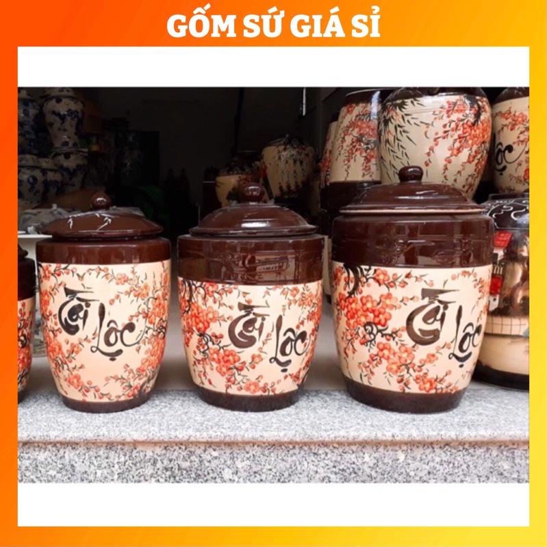 Hũ gạo tài lộc, chum ngâm rượu hoa đào gốm sứ Bát Tràng