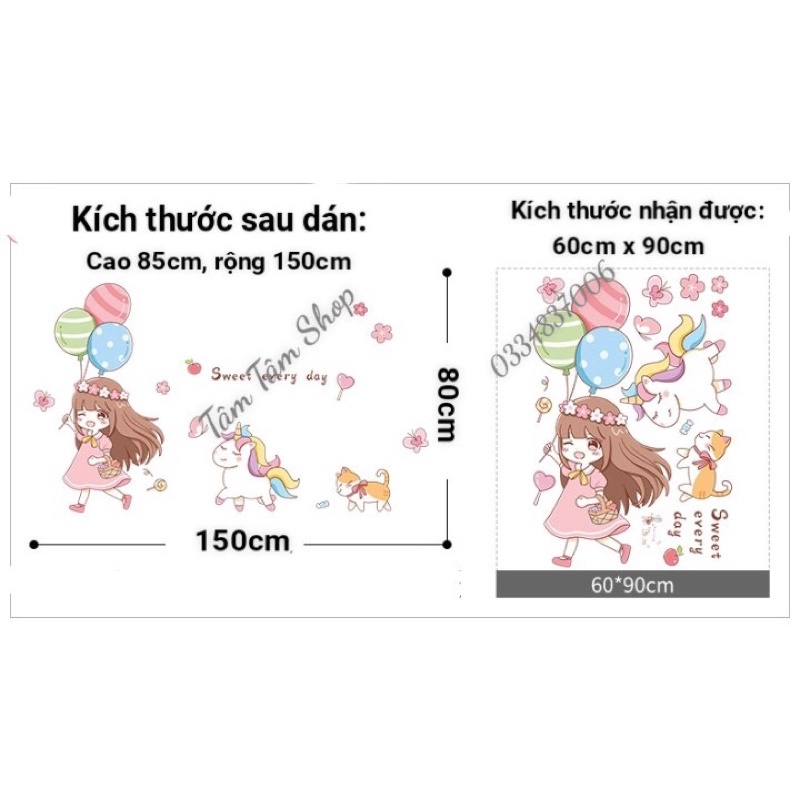 Decal dán tường, Tranh dán tường trang trí phòng ngủ em bé cầm bóng bay và ngựa poly.