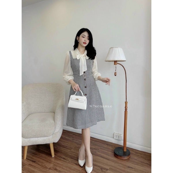 Váy dạ text công sở nữ dáng A ziczac phối voan, buộc nơ cổ có đai thiết kế MQ Boutique cao cấ