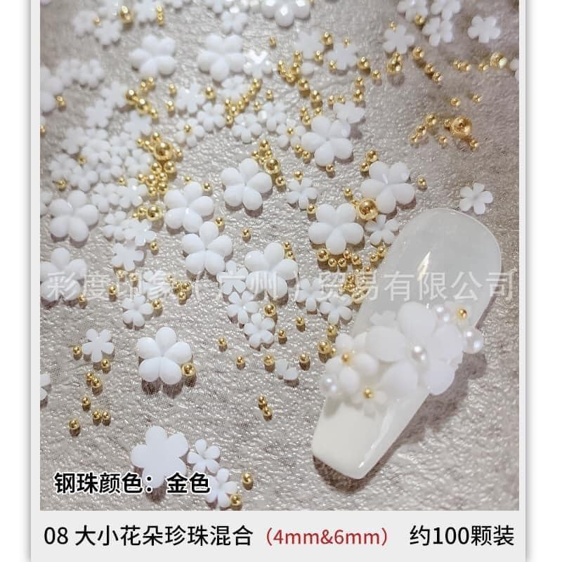 Gói hoa nhí kèm bi vàng làm nail đủ size, trang trí móng hot 2021 (gói 30c)