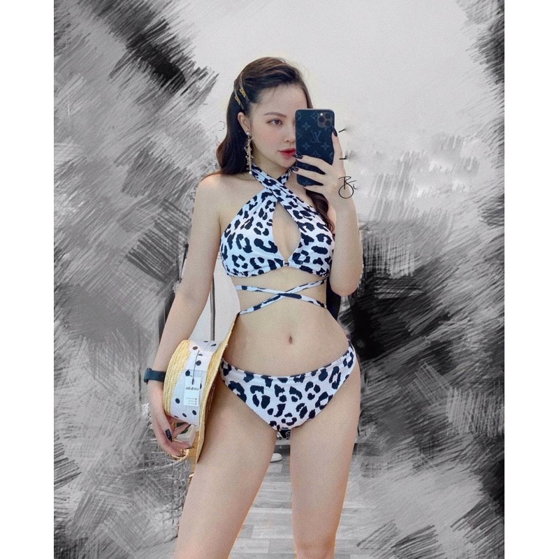 [MẪU MỚI+ CHẤT CAO CẤP] Bikini set 3 món hoạ tiết da beo kèm khoác tay dài sang chảnh