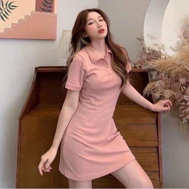 Đầm Polo nữ màu paster cúc ngực Bingshop