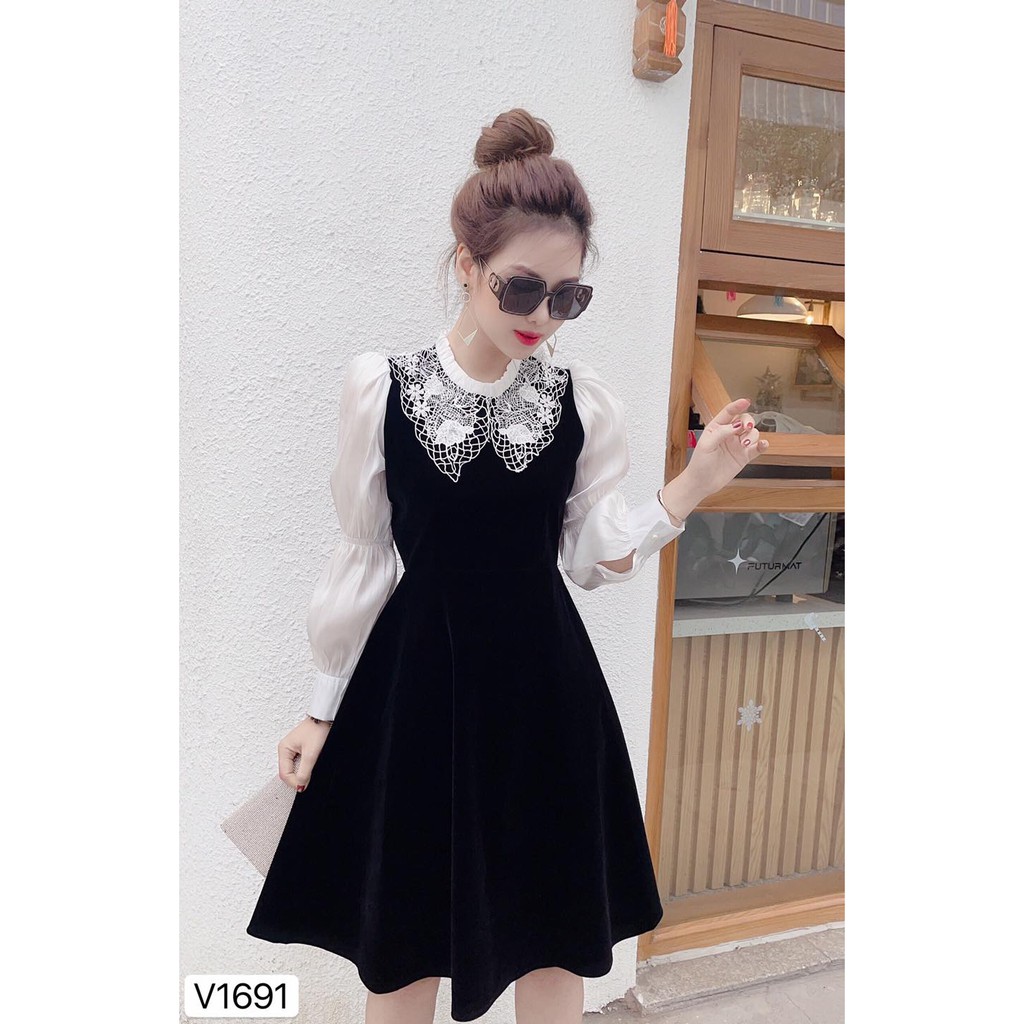 Váy Nhun đen tay voan trắng 1691 - DVC (ảnh thật trải sàn và mẫu mặc shop tự chụp) đầm nữ váy đi biển MH