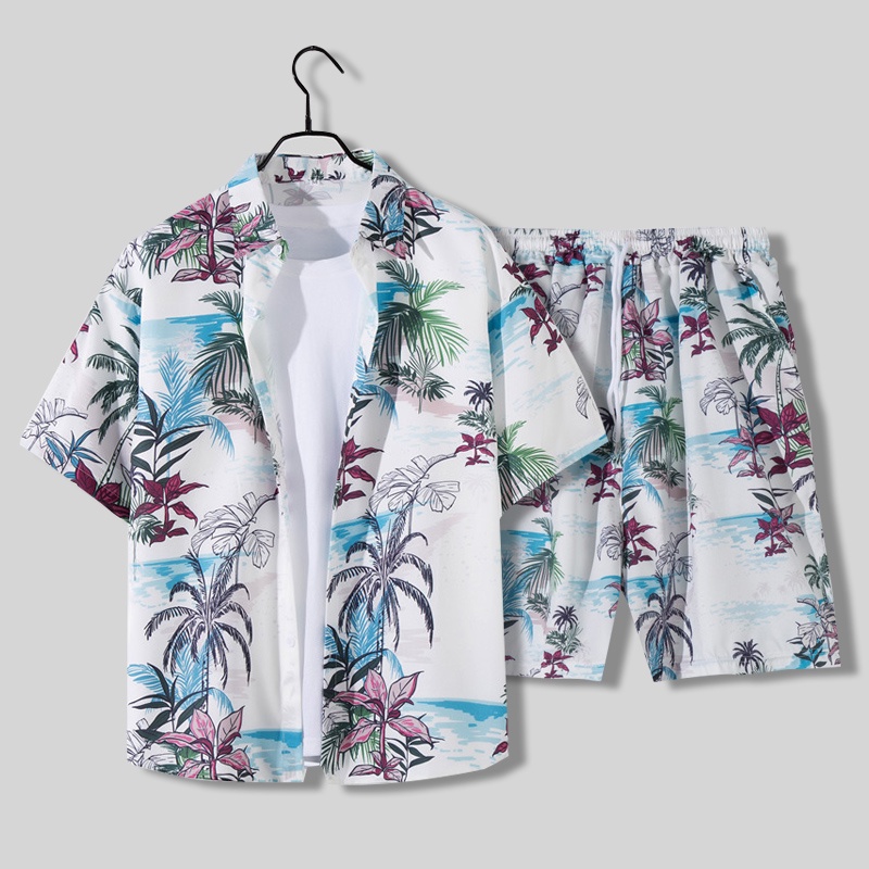 Set đồ đi biển gồm áo tay ngắn in hình hoa + quần lửng dáng rộng phong cách hawaii cho nam nữ
