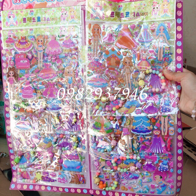 Sticker dán nổi thời trang kèm vòng tay hạt siêu hot cho bé gái ( vỉ 12 bộ)