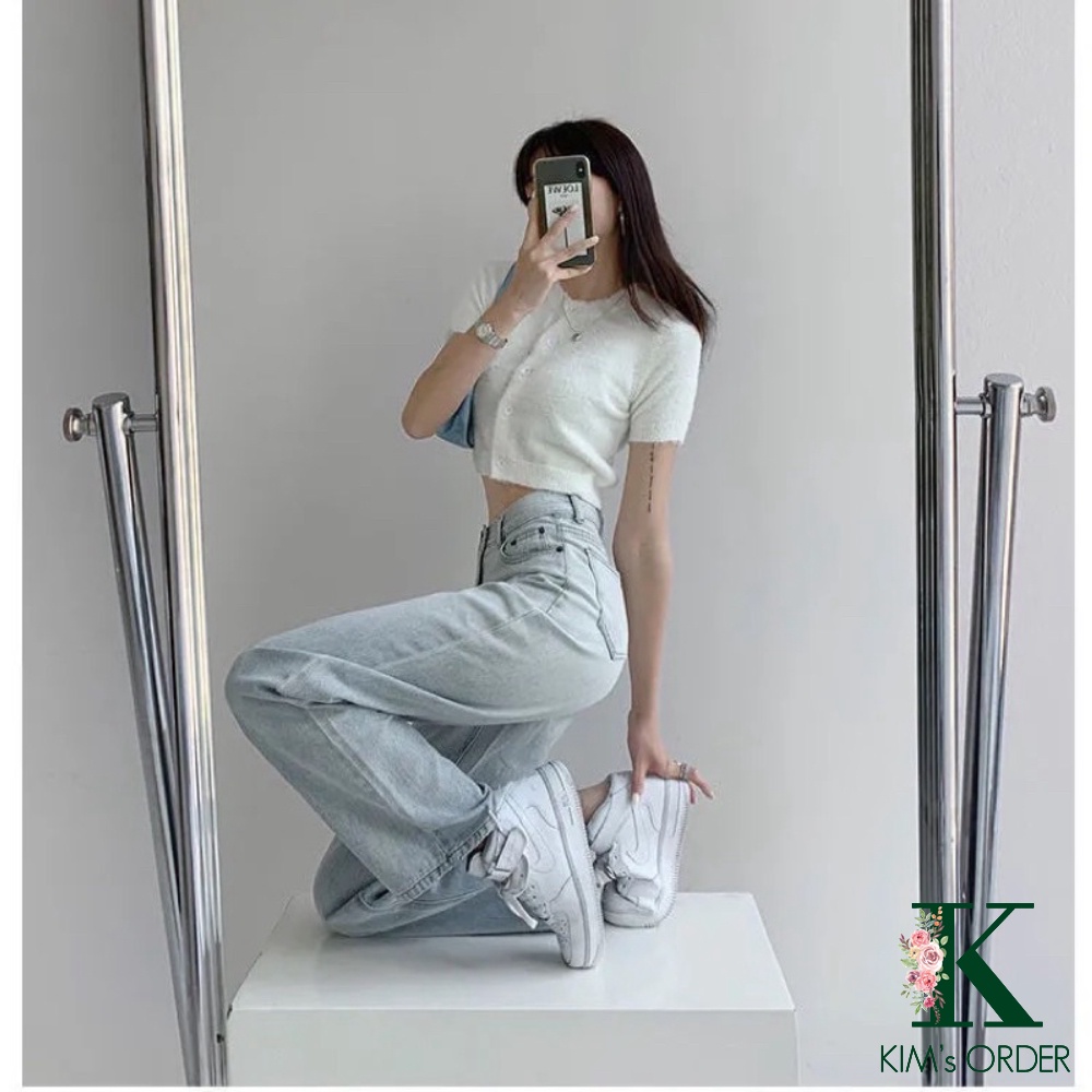 Quần Jean Nữ Cạp 3 Cúc Màu Xanh Bạc Lưng Cao Ống Suông Dài Phom Rộng Phong Cách Hàn Quốc Chất Vải Co Dãn Cao Cấp Loại 1