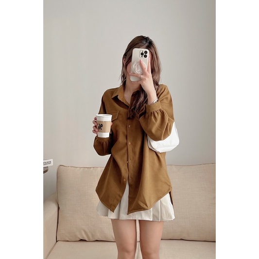 Áo sơ mi nhung tăm dáng oversize from thụng có túi ngực phong cách Hàn Quốc , áo sơ mi nhung dấu quần nhiều màu