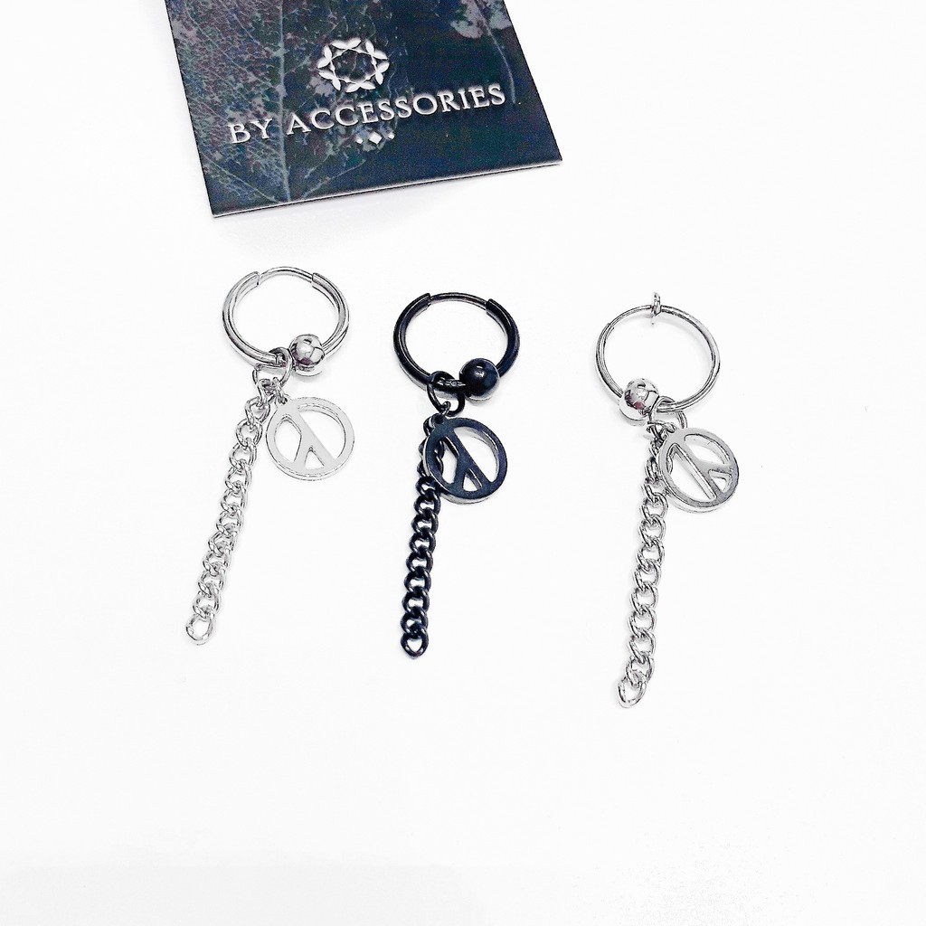 Khuyên tai titan xích hòa bình phối bi tròn không gỉ có loại không bấm lỗ