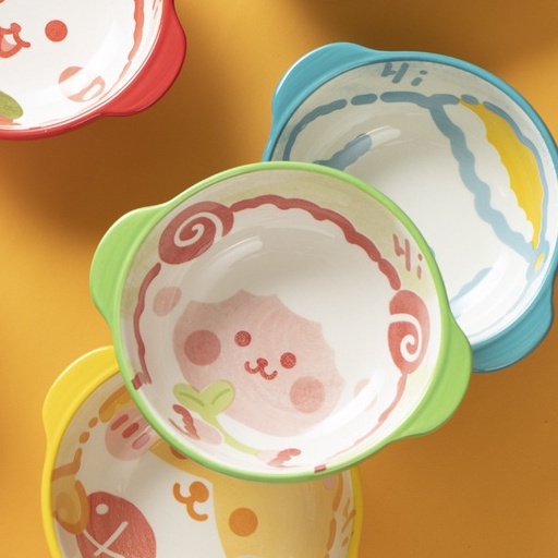 Bát  gốm sứ ăn cơm ăn dặm cho bé có quai cầm dễ thương hình thỏ 400ml LABAMO BS03