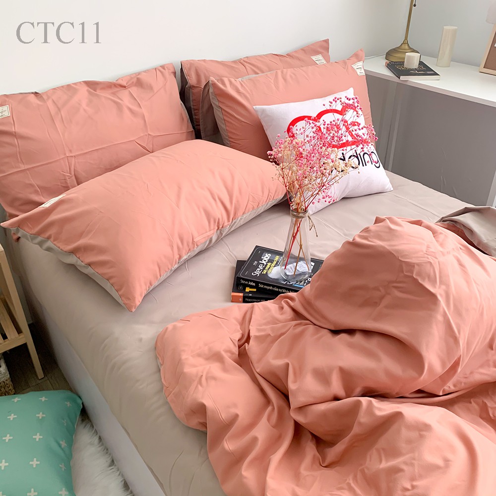 Bộ chăn ga gối Cotton TC REE Bedding cam san hô trơn đủ size giường nệm CTC11