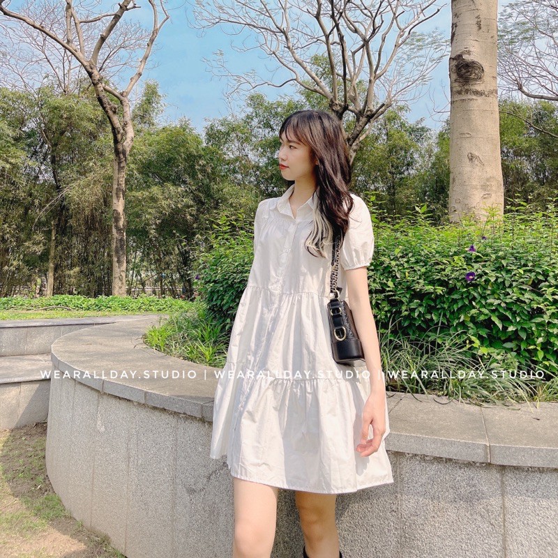 Váy Sơ Mi Babydoll Trắng Dáng Xoè, Mẫu đầm Sơ mi dáng xoè tầng 2 màu trắng nâu hàng thiết kế form đẹp | BigBuy360 - bigbuy360.vn