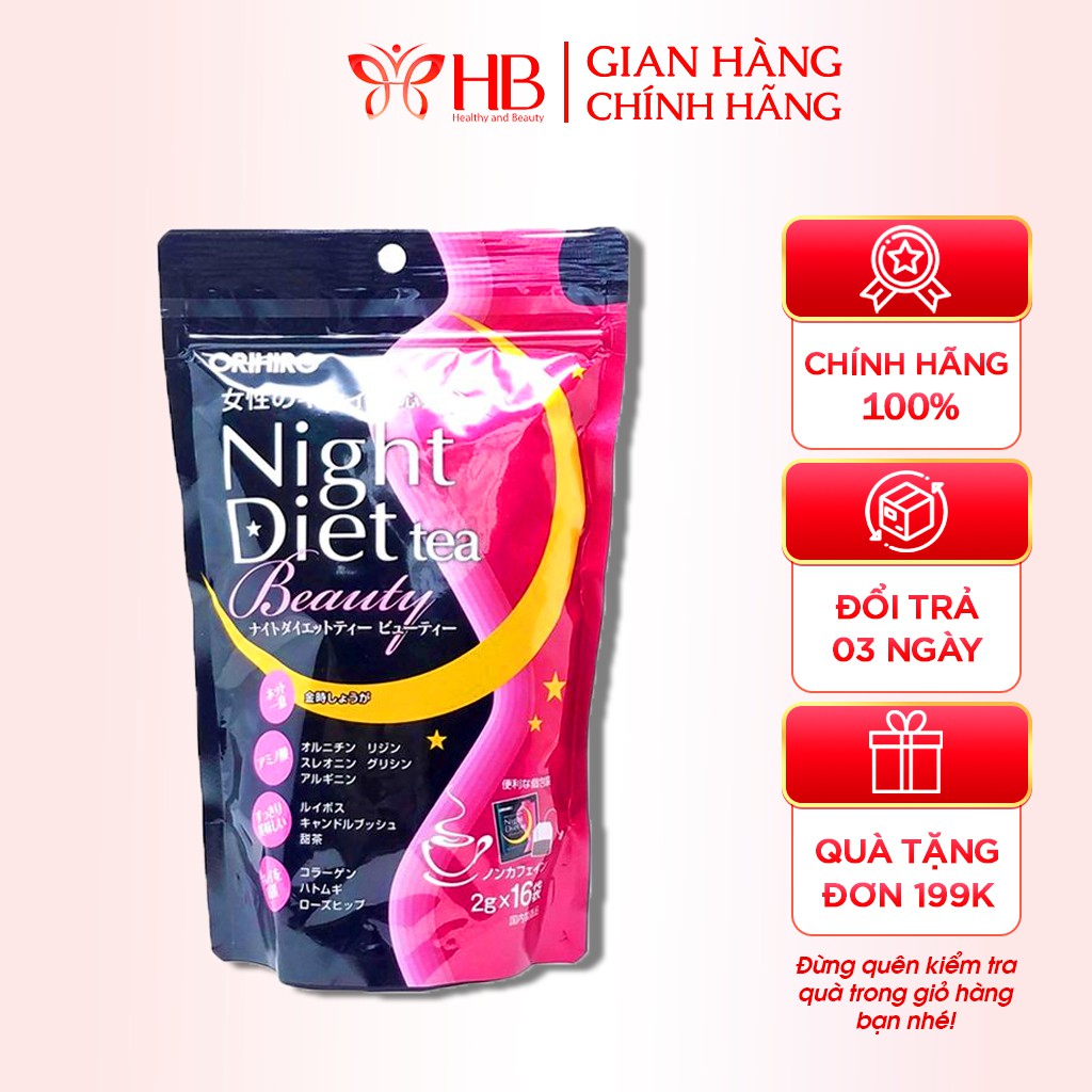 Trà giảm cân Night Diet Beauty Collagen Orihiro Nhật Bản 16 gói hỗ trợ giảm cân, chứa collagen giúp đẹp da