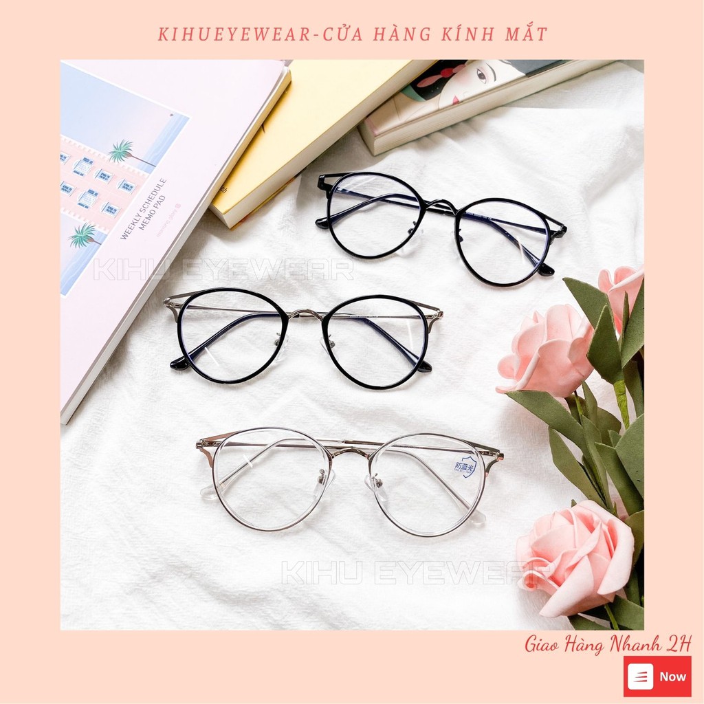 Gọng kính cận nam nữ KIHU EYEWEAR chống ánh sáng xanh dáng tròn mắt mèo chất liệu kim loại nhiều màu - 90029