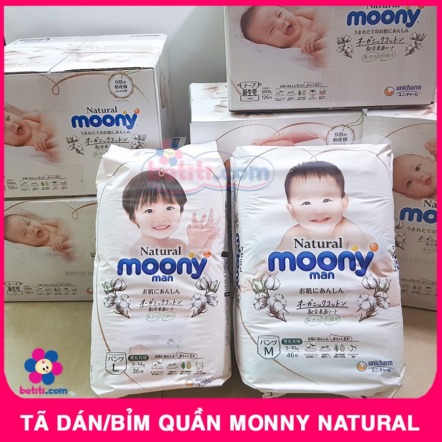 Tã Dán /Tả Bỉm Quần Moony Natural Siêu Cao Cấp Đủ Size NB63/S58/M46/L36