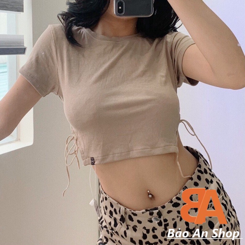 Áo croptop cổ tròn đan dây eo