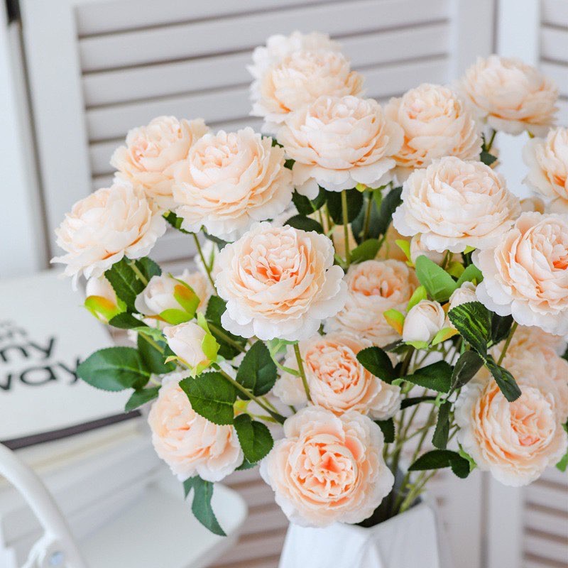 Cành hoa hồng, mẫu đơn giả 2 bông 1 nụ làm từ lụa cao cấp - Trang trí - Để bàn - Bông cưới - Hoa tết (chọn màu)