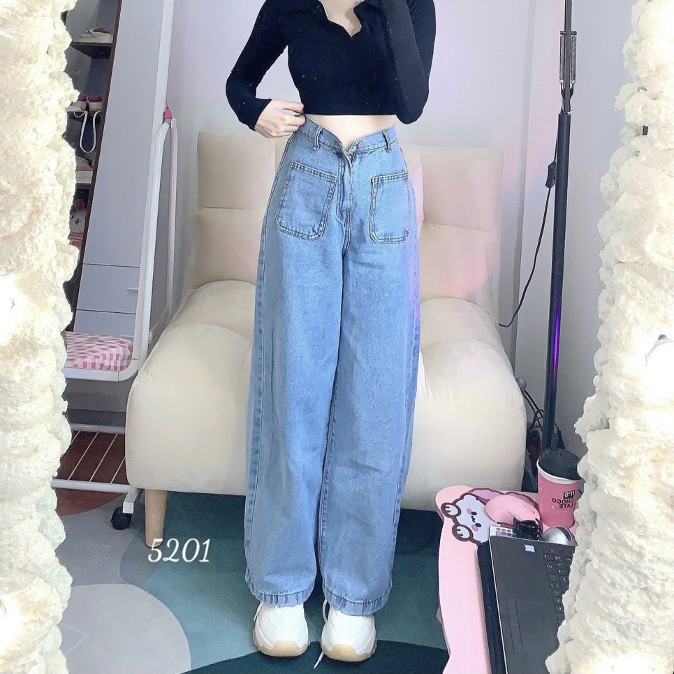 Quần bò nữ ống rộng cạp cao túi kiểu phía trước dáng suông phong cách ulzzang