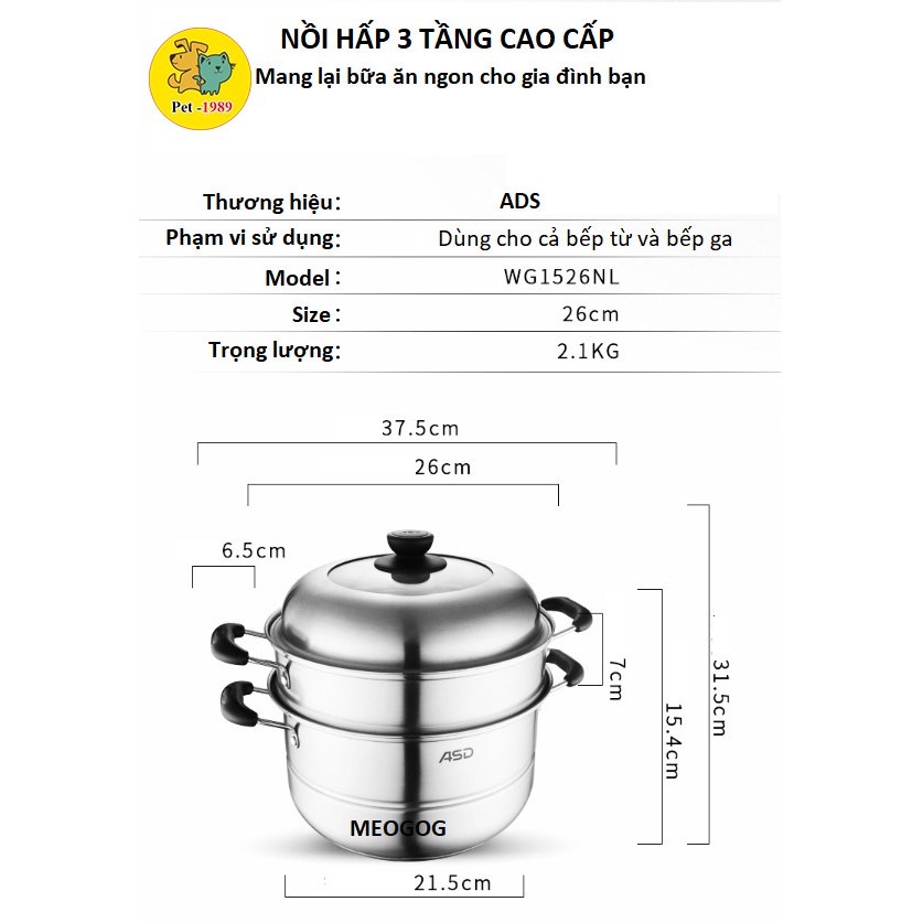 Nồi Hấp 3 tầng inox cao cấp ADS 24 cm - 28 cm Pet-1989