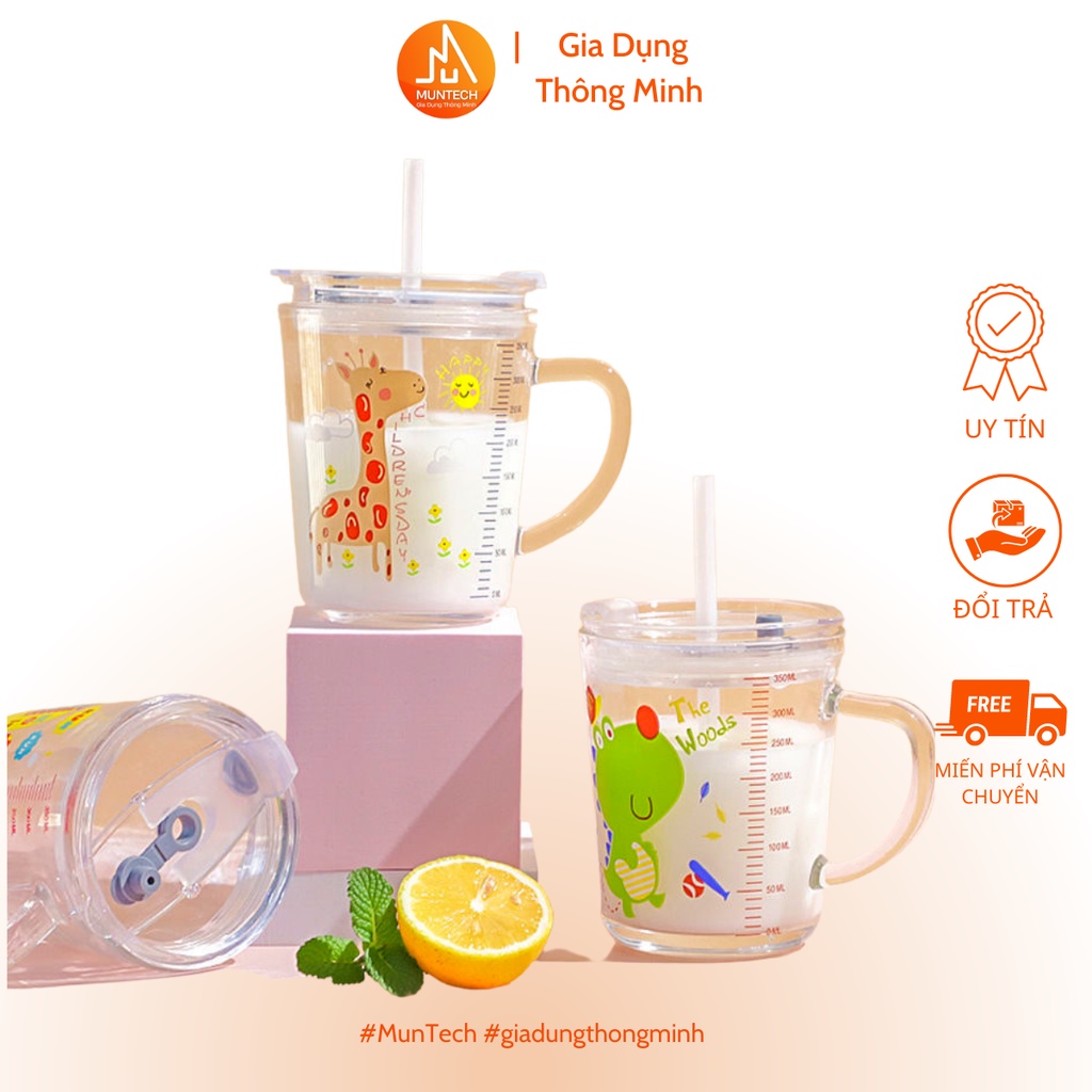 Ly cốc thủy tinh có nắp, quai, ống hút chia vạch pha sữa đẹp dễ thương 350ml chịu nhiệt chống vỡ MUNTECH LCTT01