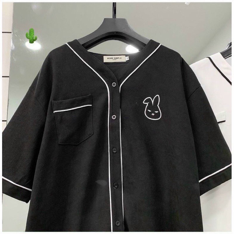 ÁO KIỂU SƠ MI UNISEX THÊU THỎ NGỰC CHẠY VIỀN PHONG CÁCH HÀN NHẬT SIÊU ĐẸP