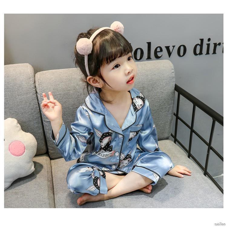 ruiaike  Kids Girls Boys Satin Silk Sleepwear Set Long Sleeve Cartoon Cat Print Button Blouse Tops + Pants Pajamas