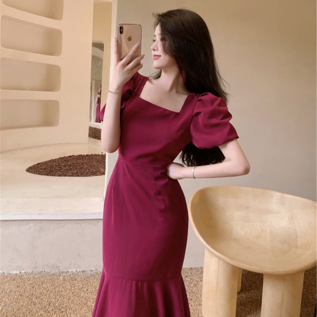 Váy nữ Vic's cổ vuông đuôi cá thiết kế tay phồng dáng dài, Đầm thời trang công sở cao cấp dự tiệc sang trọng V105 | BigBuy360 - bigbuy360.vn