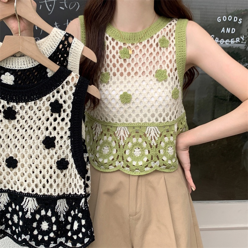 Áo Tank Top Dệt Kim Sát Nách Dáng Ngắn Phối Lỗ Lưới Thời Trang Cho Nữ