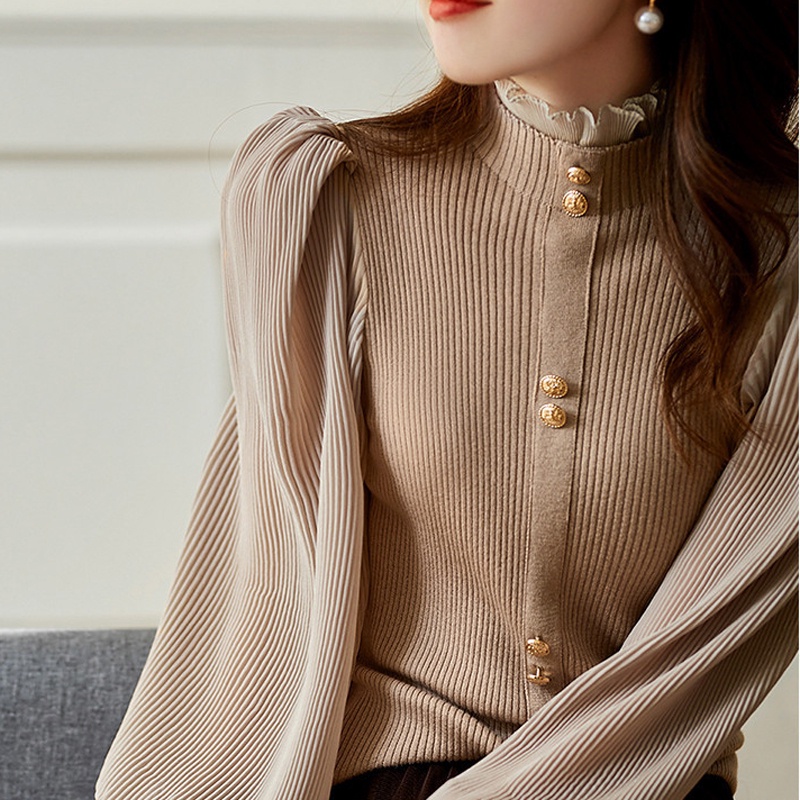 IELGY  Áo sweater Dệt Kim Cổ Lọ Tay Phồng Thời Trang Cho Nữ