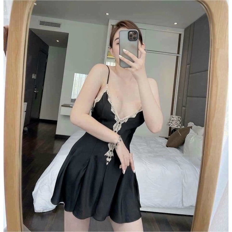 Váy ngủ lụa sexy hàng loại 1 xẻ chữ V đáp viền ren xinh xắn V54