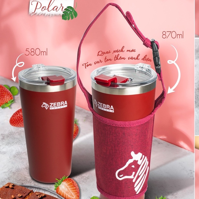 Ly giữ nhiệt inox zebra Thái Lan tặng kèm túi vải có quai đeo 870ml - 112702 màu đỏ