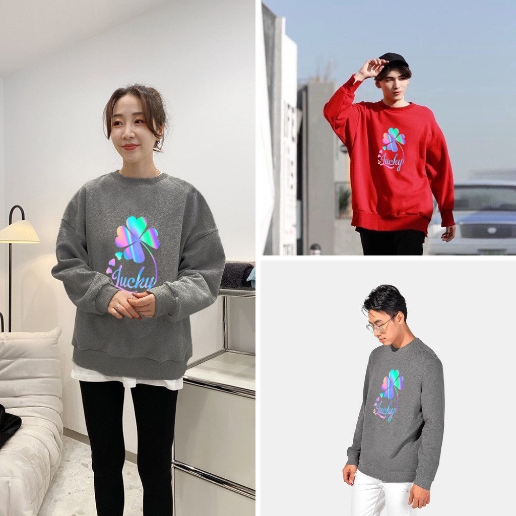 Áo Sweater nỉ phản quang in hình thời trang Unisex form rộng dài tay 4 lá AS46 Lotus nam nữ Oversize phong cách Hàn Quốc