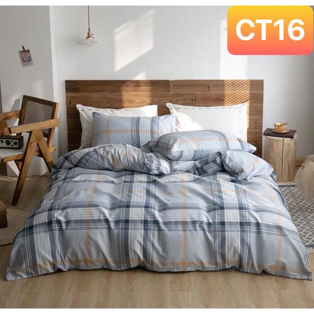 Bộ chăn ga gối Cotton TC Nhà Nhím Chăn ga gối kẻ sọc caro 4 món