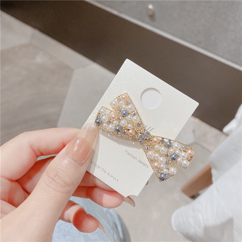 Kẹp Tóc Đính Đá Kim Cương Ngọc Trai Giả Hai Màu Sắc