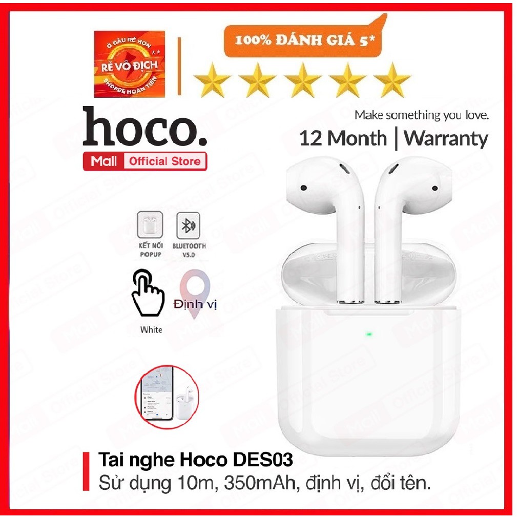 Tai nghe Bluetooth TWS Wireless Hoco DES03, định vị, đổi tên thiết bị, bluetooth 5.0, chính hãng bảo hành 24 tháng