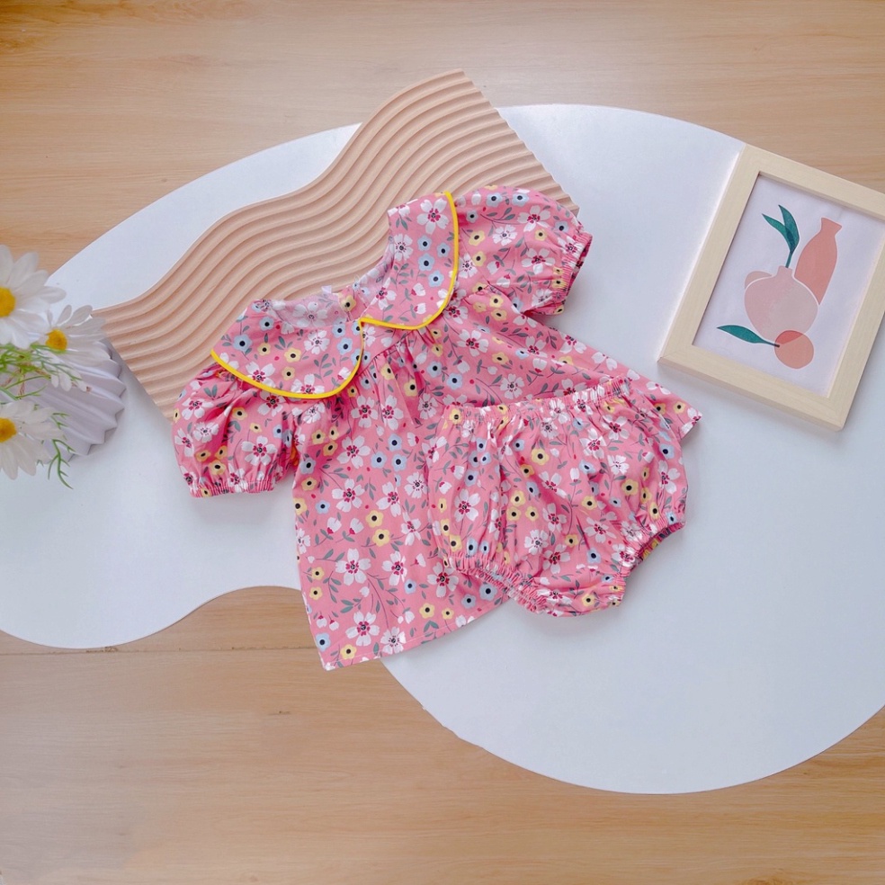 Bộ cộc tay bé gái, Bộ hoa nhí quần chip viền vàng bé gái