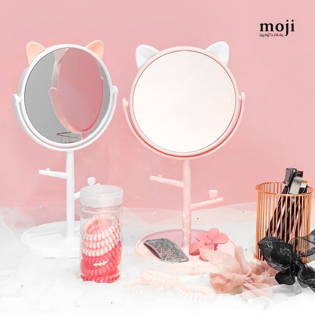Gương tai mèo để bàn đế bàn trang điểm có thanh treo phụ kiện tiện dụng