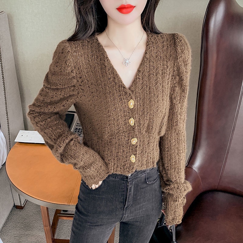 Áo Ren Tay Dài Phồng Cổ Chữ v Thời Trang Thu Đông 2022 Mới