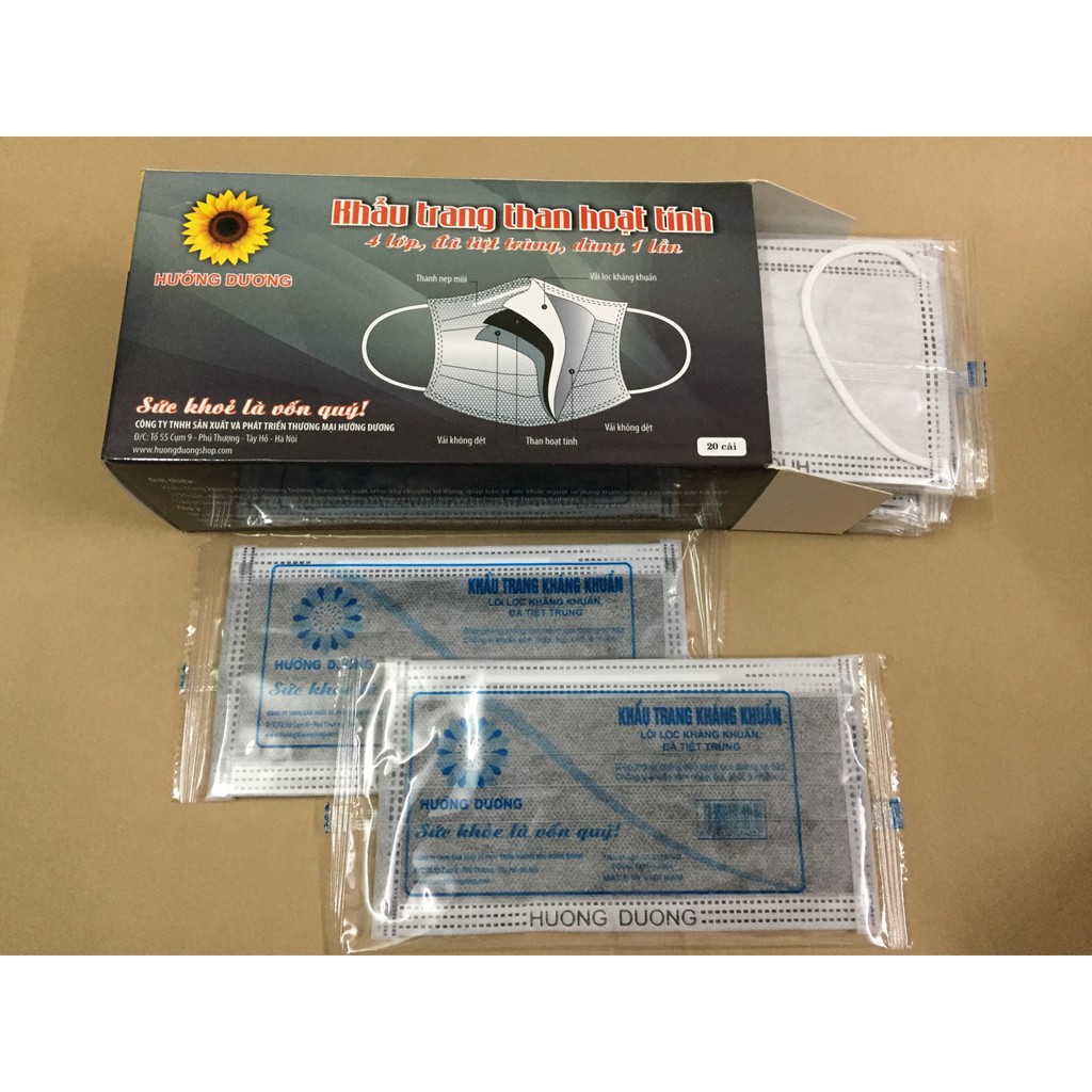 Khẩu trang y tế Hướng Dương 4 lớp than hoạt tính 20 chiếc/ Hộp