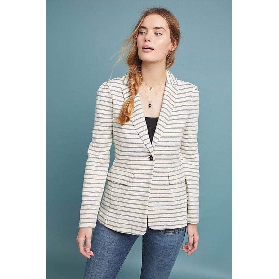 (SIZE 2US) ÁO VEST FORM DÀI BY ANTHROPOLOGIE CHÍNH HÃNG - FRANCOISE KNIT BLAZER MÀU KEM SỌC NGANG XÁM (A51-HLK1)